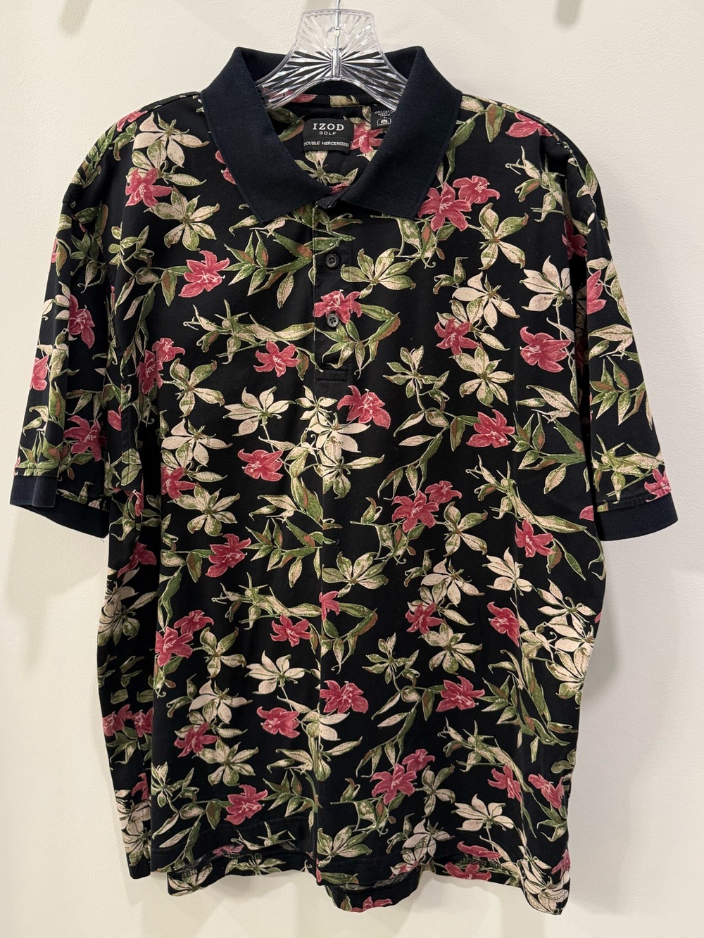 Izod Golf Men’s Large 100% Cotton Polo Hawaii Pink & Green Floral Print Soft